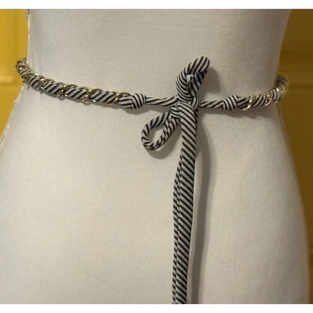 Brown Beige Stripes Round Braided Gold‎ Chain Rope Strap Belt Women Glam Rock